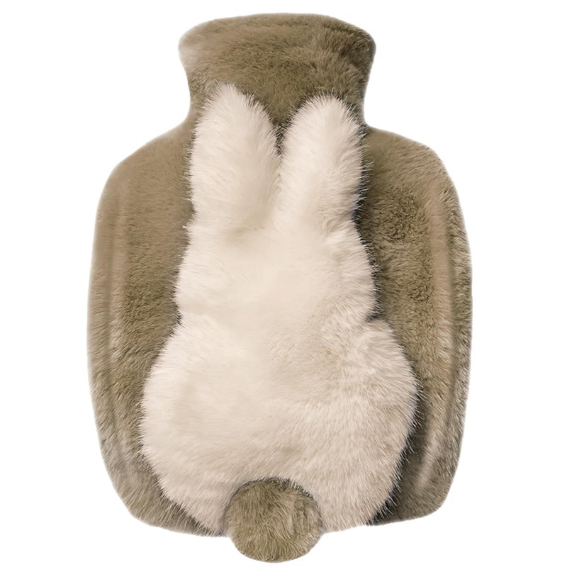 Plush Hot Water Bottle PVC Cute Plush Hot Water Bag for Hot and Cold Compress with Pockets on Both Sides 1000ML Capacity Christmas New Year Valentine's Day Birthday Gift 3D Rabbit(Brown and Beige)